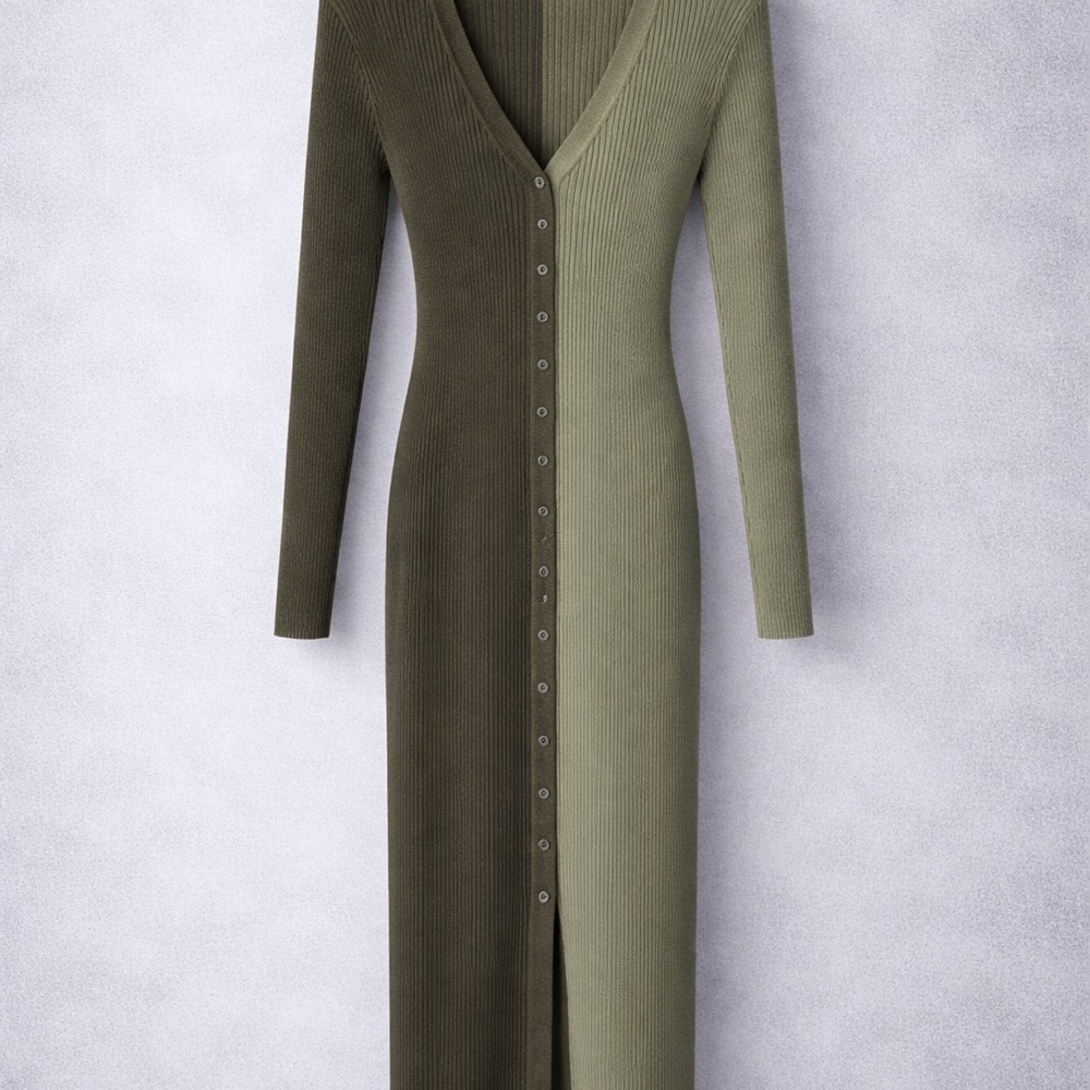 STAUD Olive Ribbed Knit Midi Dress Button Front Minimalist Bodycon Long Sleeve